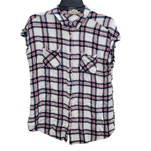 Sweet Wanderer Women's White Red Blue Windowpane Knit Sleeveless Button Up Top M